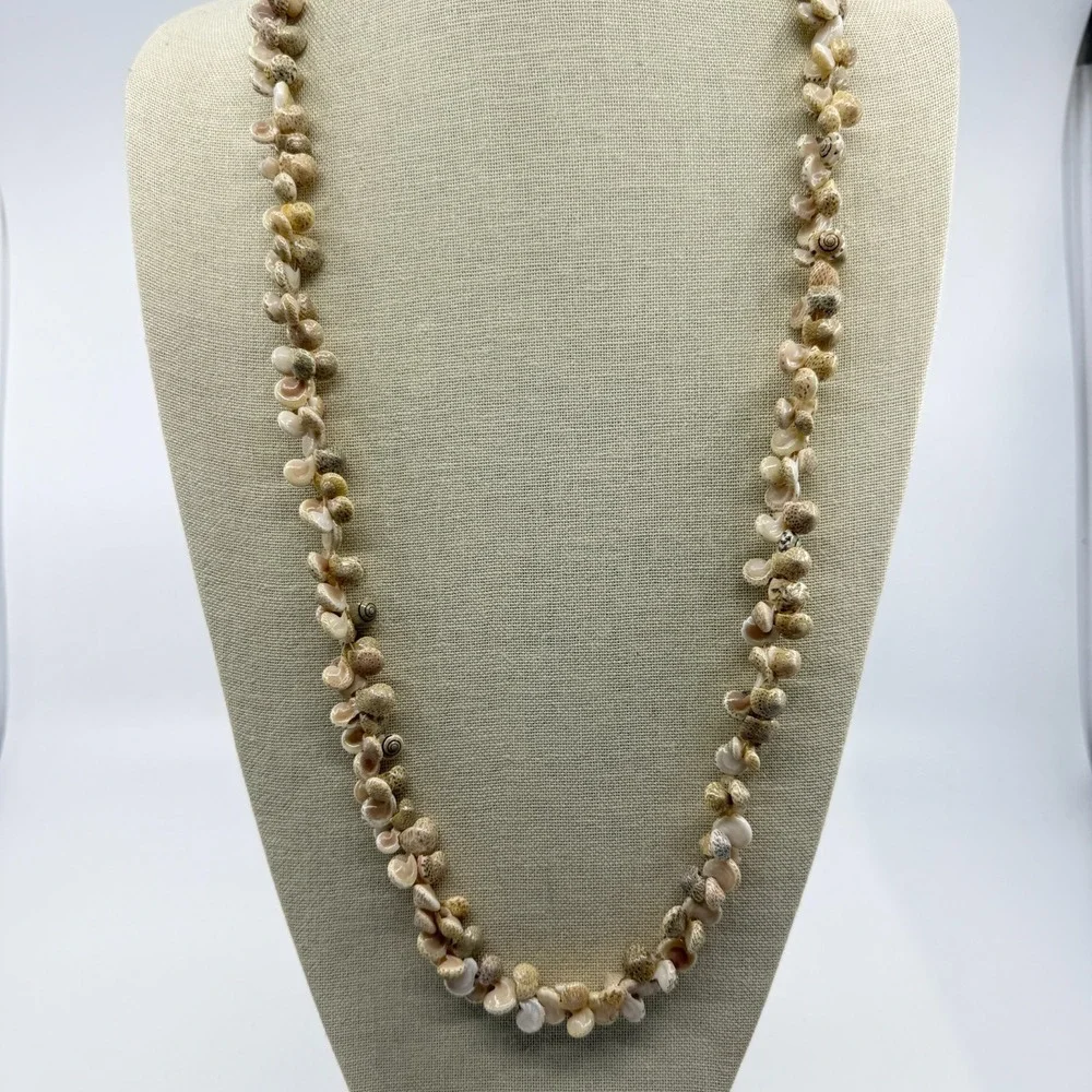Natural Spiral Seashell Cluster Long Necklace Cream Coastal Boho Statement Gift
